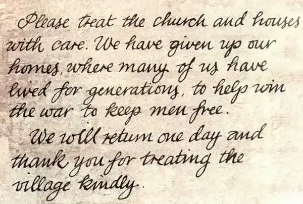 Note left on Tyneham Church door