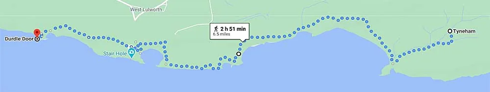 Walking route from Tyneham to Durdle Door